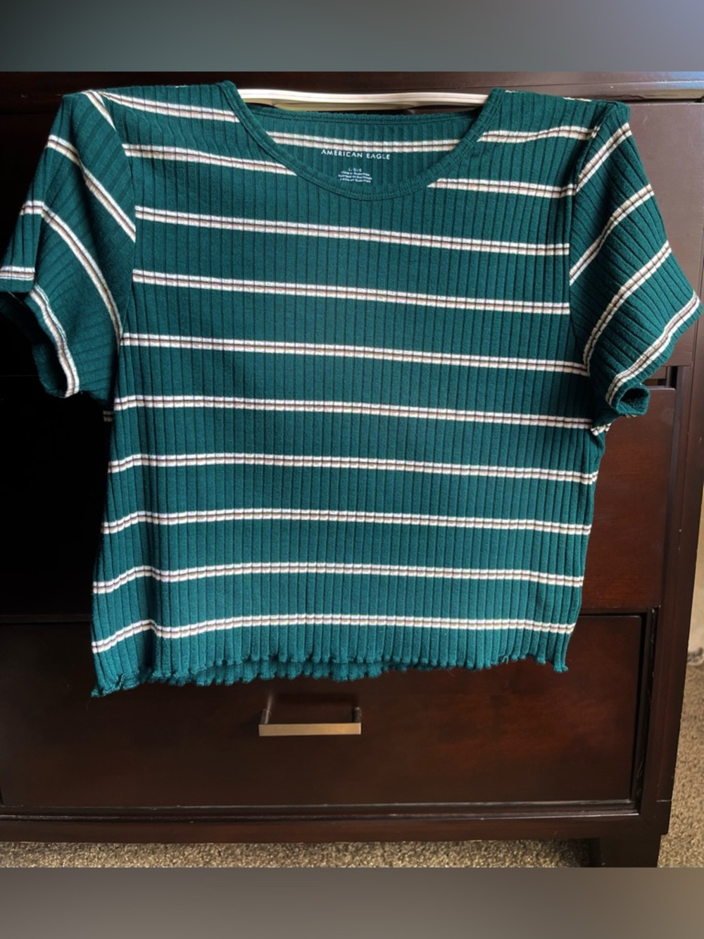 American Eagle Outfitters Teal Ribbed Stripe Cropped Tee